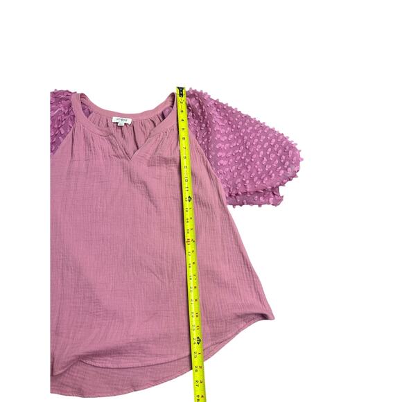 Umgee Women’s M Pink Cotton Top Puff Dot Mesh Sleeves Boho Blouse - Picture 4 of 7
